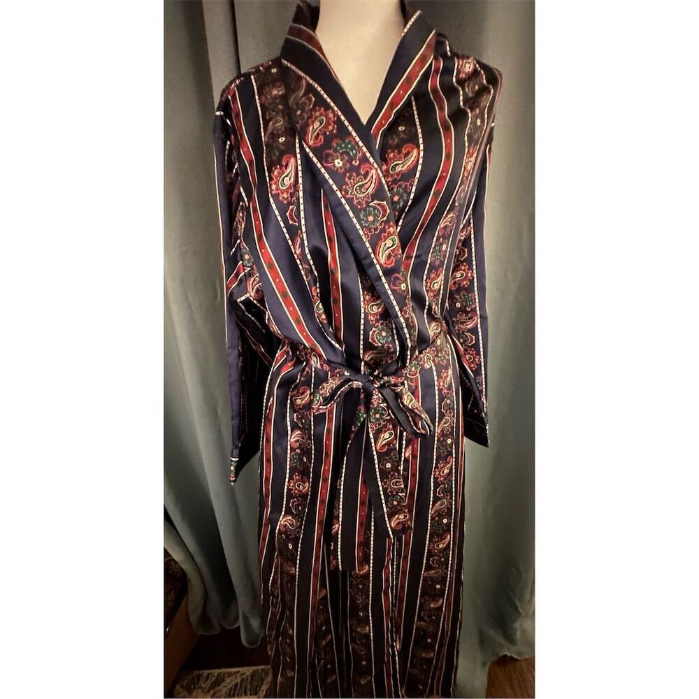 Moments Women's Vintage Striped Paisley Satin Kimono Robe M Multicolor
